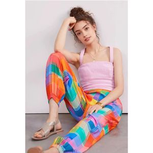 New Anthropologie Farm Rio Sunny Rainbow Plaid Woven Joggers Pants sz Medium